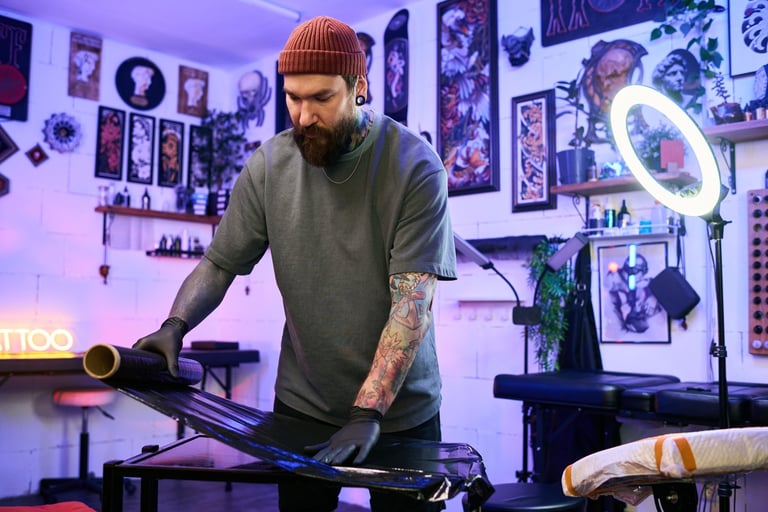 Experienced tattoo artist preparing workstation