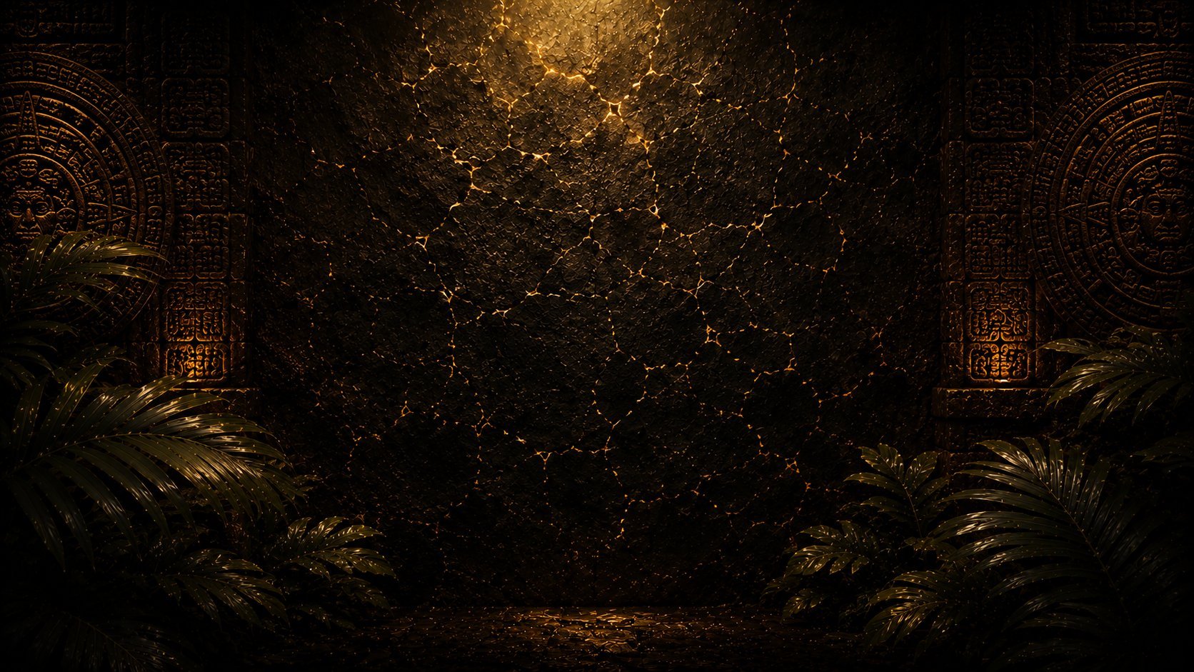 Dark atmospheric scene with ornate golden torches flanking palm trees and glowing particle effects overhead