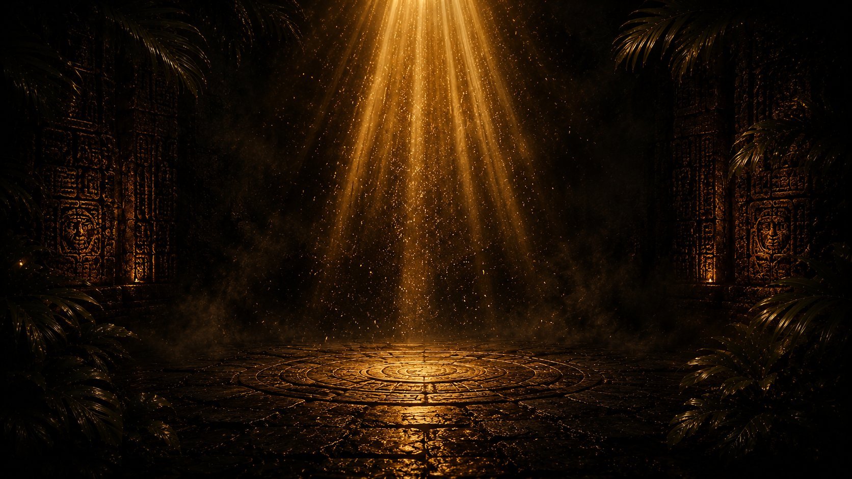 Golden sunlight streams through dark stone archway onto a wet floor in an ancient temple or ruin