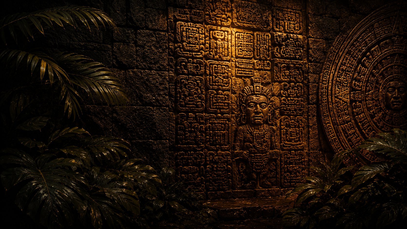Ancient temple chamber with glowing stone carvings and hieroglyphics flanked by palm trees and a circular astronomical chart