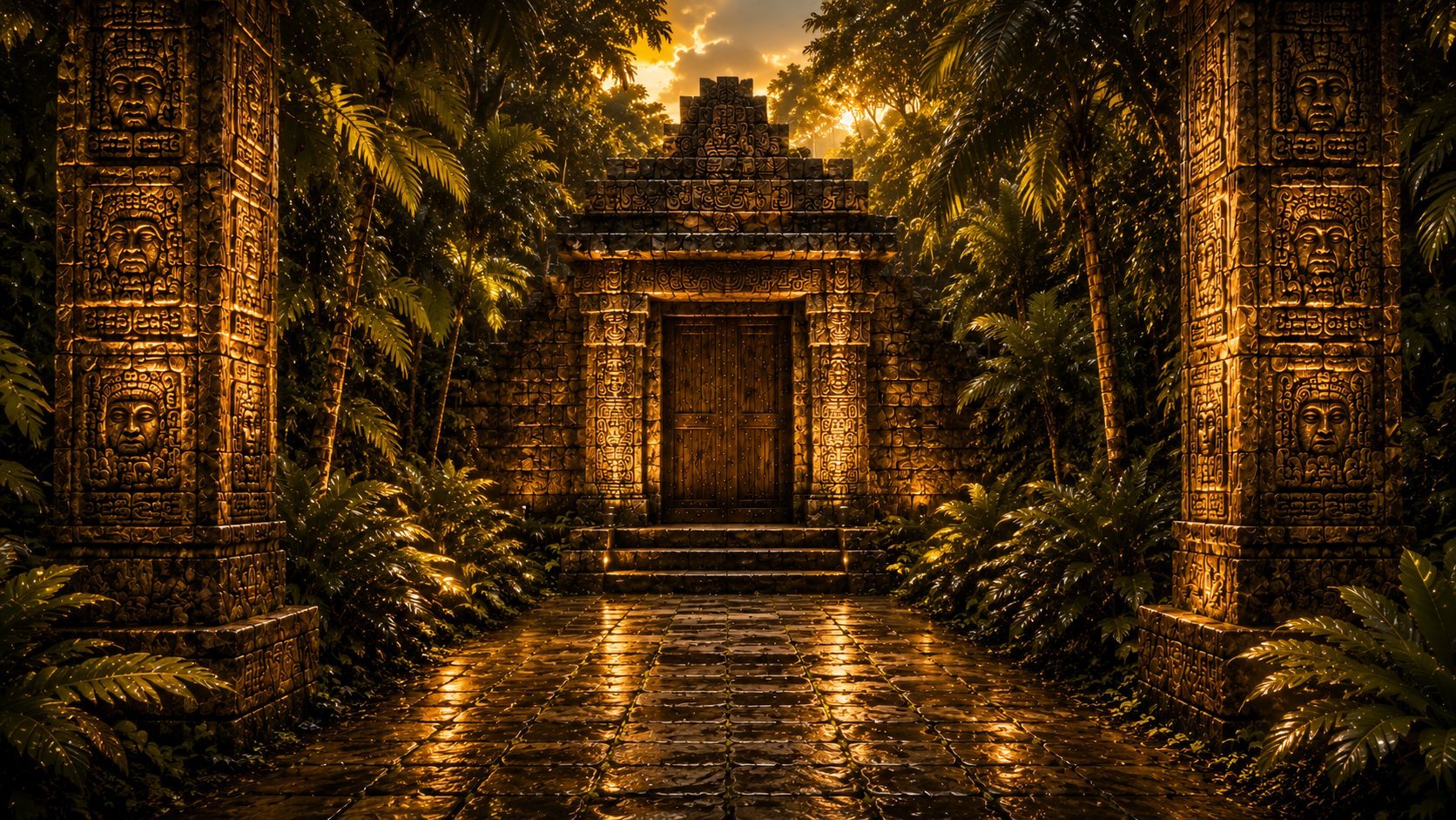 Ancient stone temple entrance with carved pillars flanked by lush green vegetation, illuminated by warm golden lighting at night