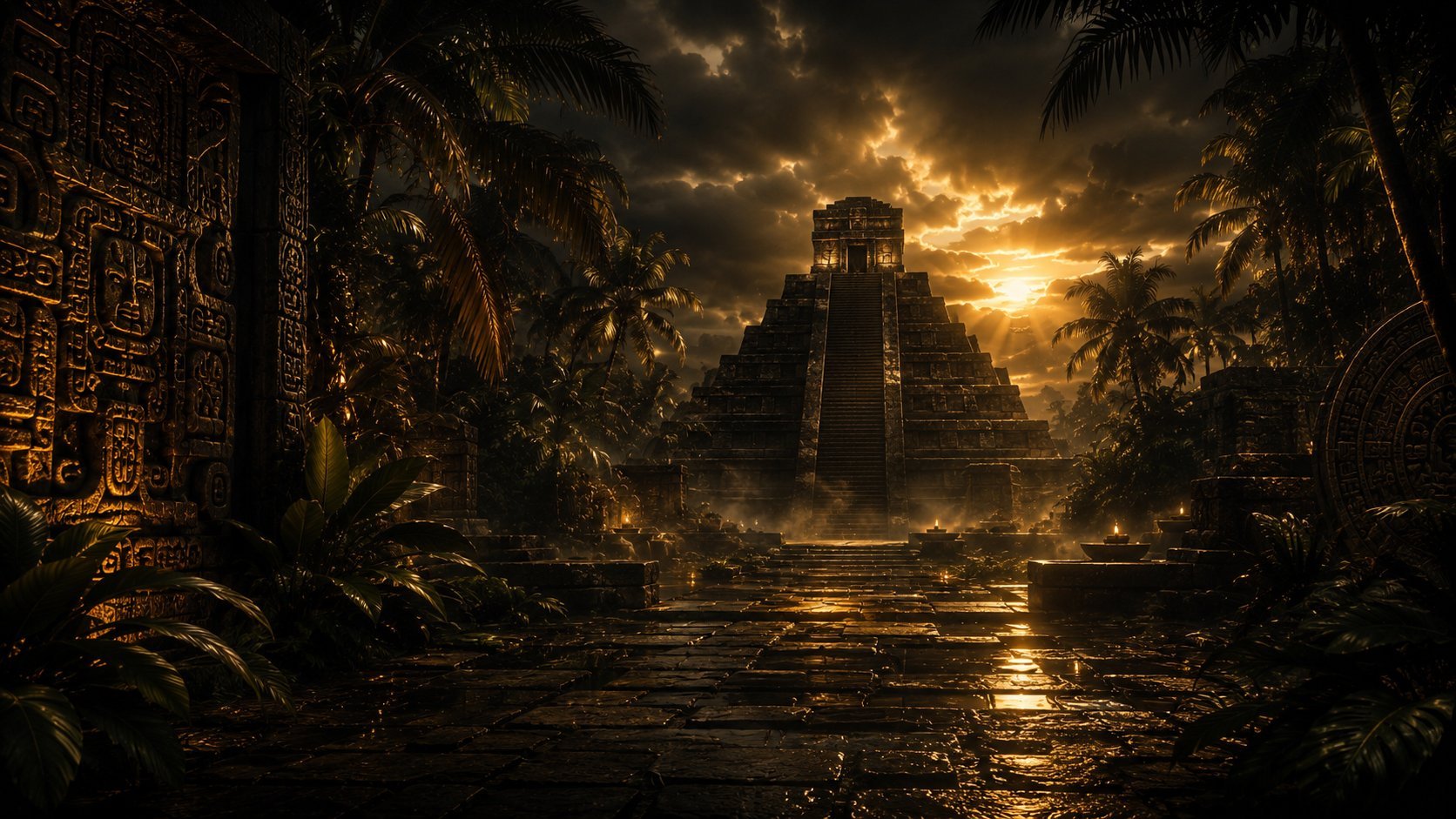 Ancient Mayan pyramid at sunset surrounded by dense jungle and palm trees with golden light reflecting on water