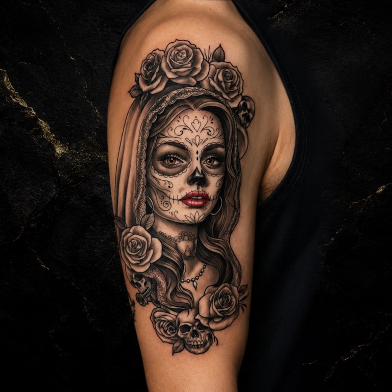 Black and gray tattoo on upper arm featuring a skull-faced woman with roses, lace veil, and ornate facial designs