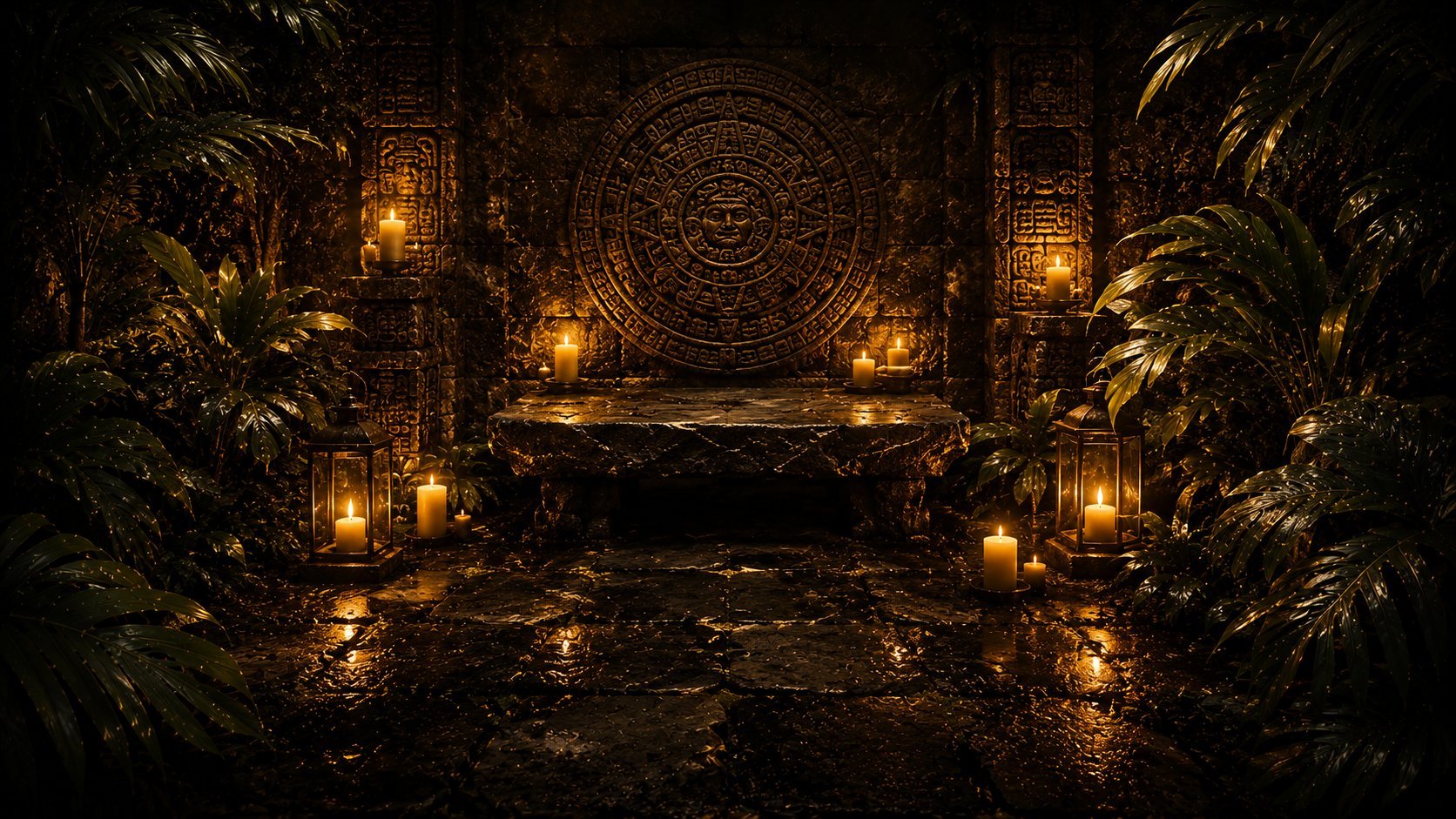 Ancient temple chamber with ornate mandala backdrop, golden lanterns, tropical plants, and stone floor in candlelit darkness
