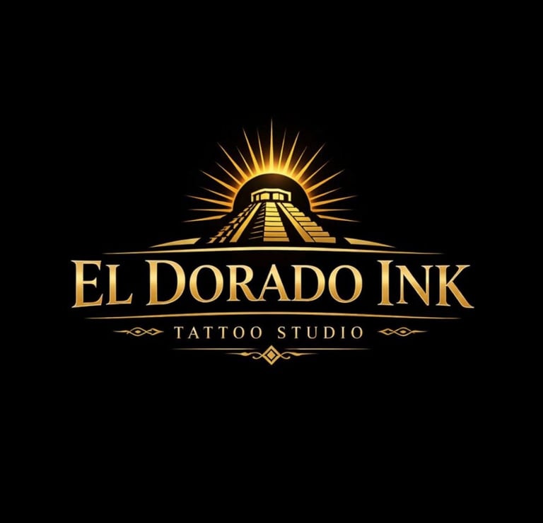 El Dorado Ink tattoo studio logo featuring a golden pyramid with radiating sun rays on black background