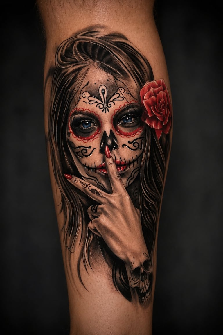 Skull face tattoo with day of the dead makeup design, long dark hair, red rose flower, and hand gesture on forearm