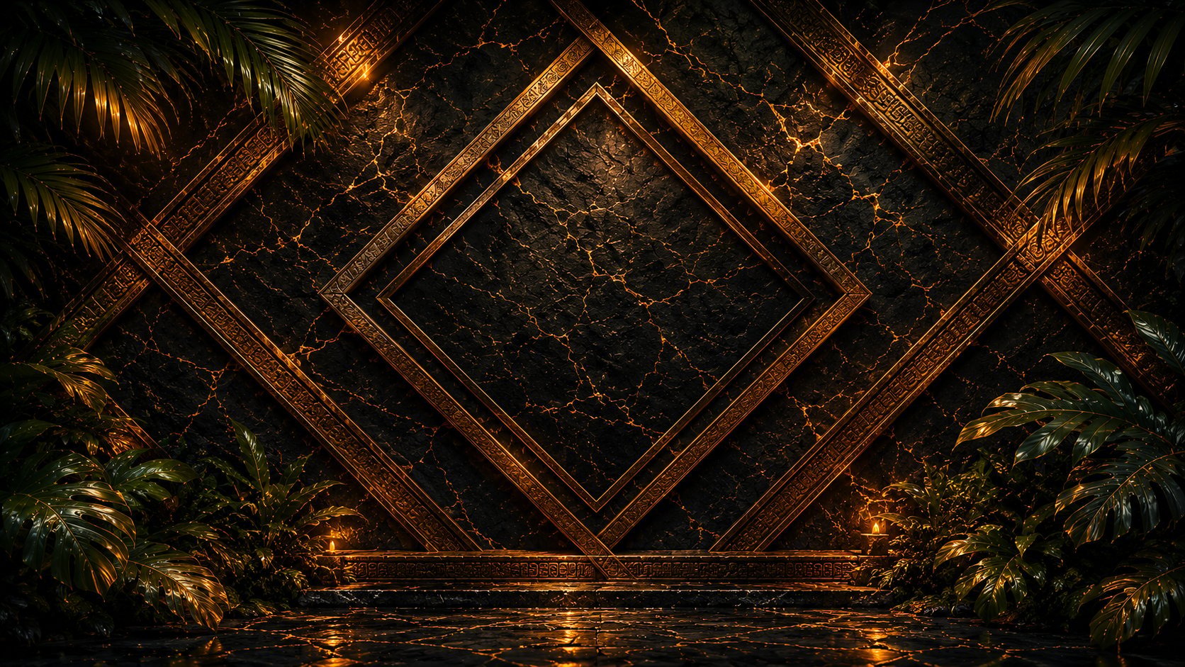 Gold diamond frame with black marble interior on dark background surrounded by tropical palm leaves and ground lights